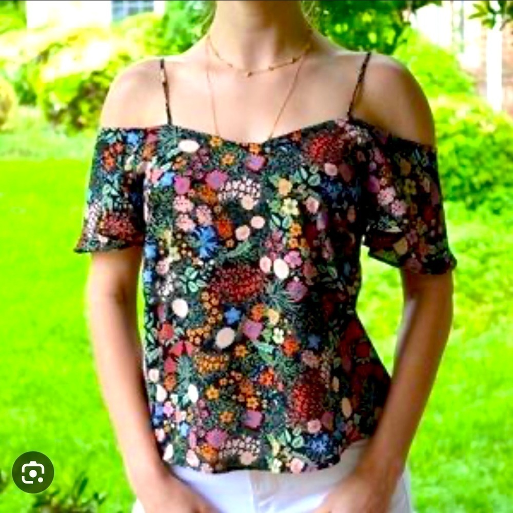 TopShop Black Floral Cold Shoulder Blouse Sz 2 Colorful Floral Off The Shoulder
